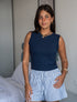 Women Summer Pajama set Dark Blue Top + White X Indigo Stripes Shorts